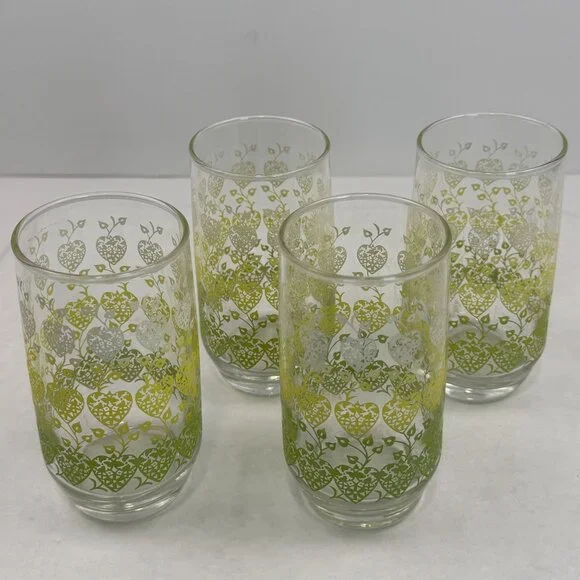 Set Of 4 Vintage Green Yellow Ombre Hearts and Vines Glass Tumblers 12 oz MCM - Picture 5 of 9